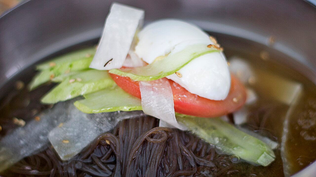 Korean-style cold noodles in broth