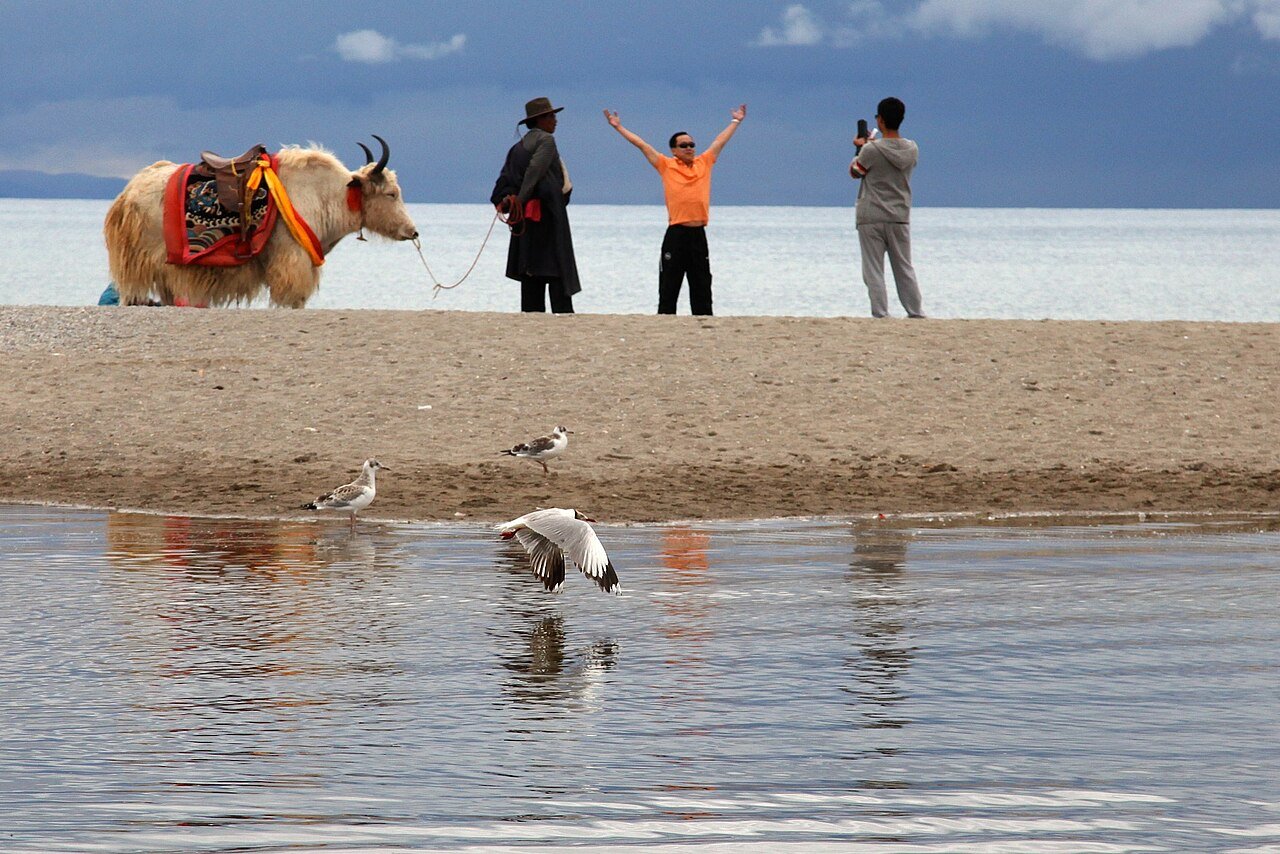 Sacred lake Namtso with prayer flags